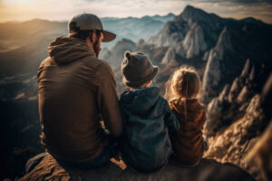 Man and children sitting on a mountain