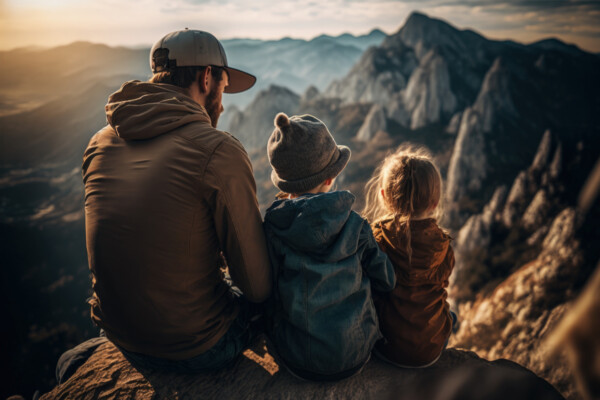 Man and children sitting on a mountain