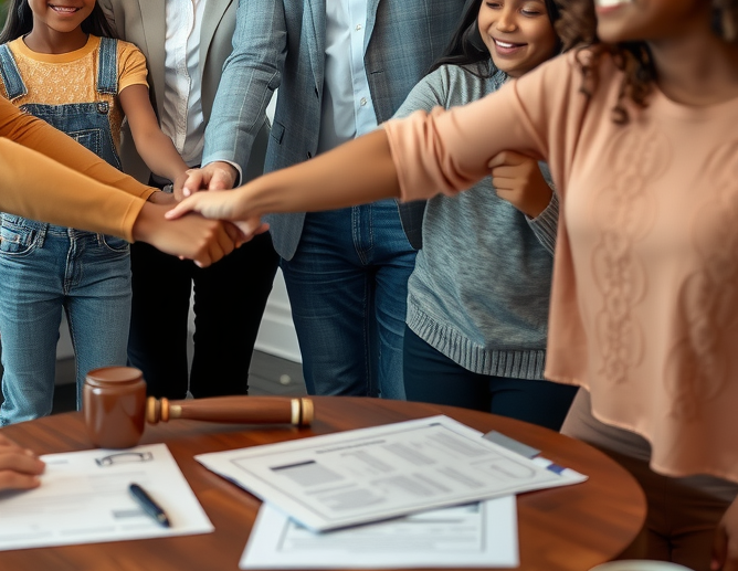 A diverse family is holding hands in a cozy office, with legal documents laid out on the table.