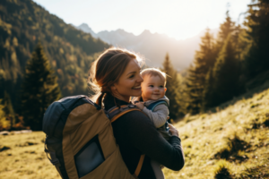 Woman holding child while hiking