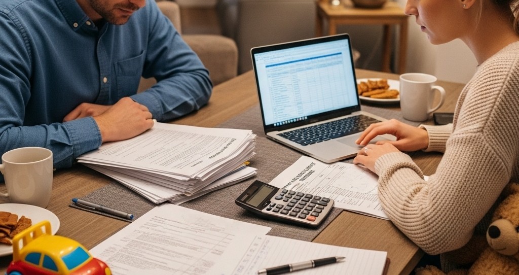 Two parents review financial documents