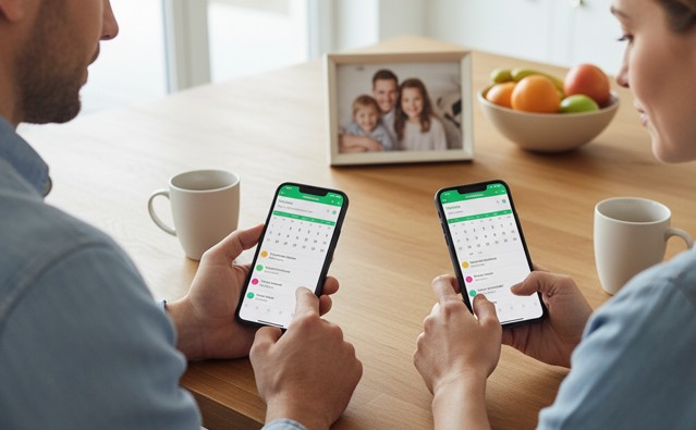 co parenting A divorced couple peacefully co-parenting using a shared calendar app on their phones.