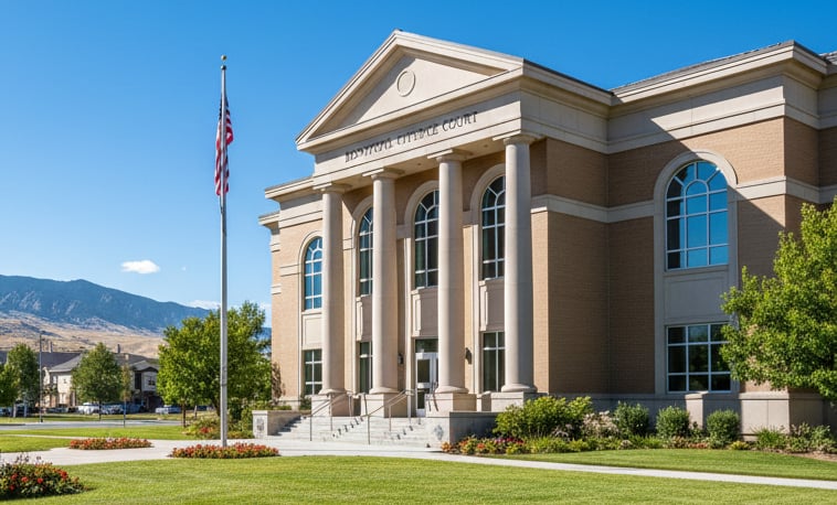 A Utah courthouse exterior in Bountiful under clear skies, representing justice and family law