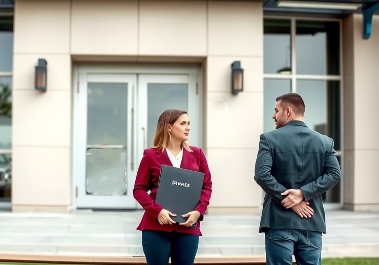 A couple sitting apart outside, both looking contemplative. One of them holds a folder labeled 'Divorce.'