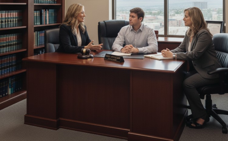 an attorney meeting with a divorcing couple in a professional office setting