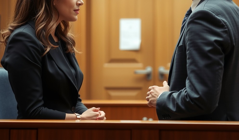 A woman and her attorney speaking privately in a quiet, professional atmosphere.