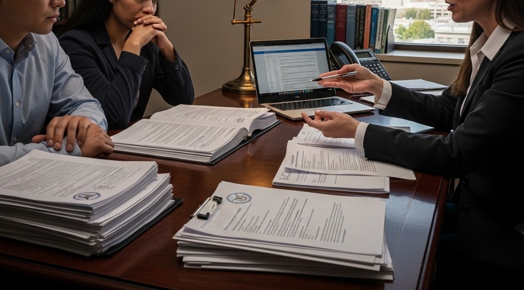 A concerned couple sits at a desk with their lawyer, surrounded by legal documents, discussing divorce and immigration issues.