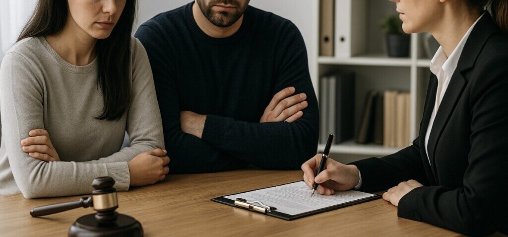 an attorney meeting with a divorcing couple in a professional office