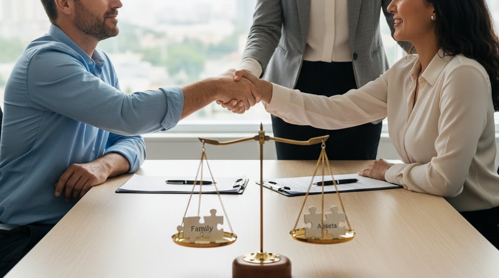 A couple finding resolution through mediation, with balance scales symbolizing fairness and justice