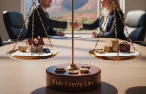 Symbolic image of balanced scales representing fair property division in a Utah divorce case.