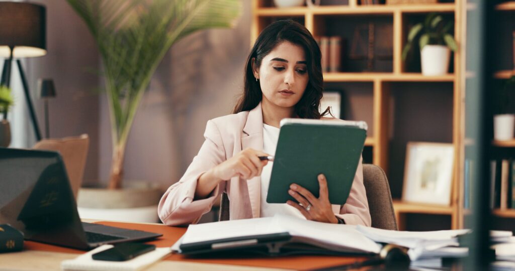 Tablet, reading and business with woman in home office for government lawyer, federal justice policy or network.