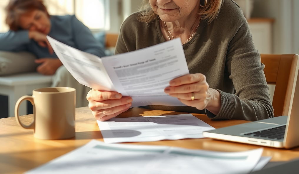 A middle-aged woman sits at a kitchen table, holding legal documents. An elderly parent rests in the background.