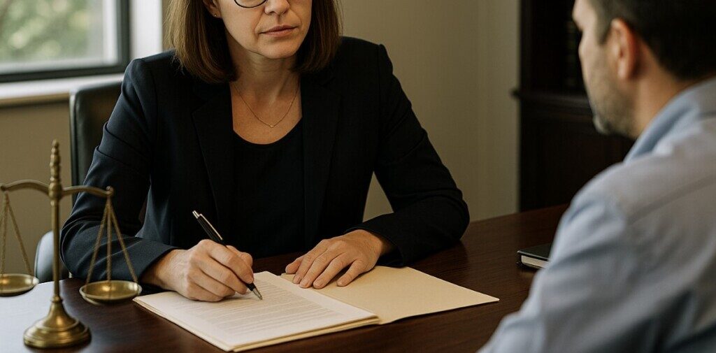 A divorce lawyer offering legal advice in a calm, supportive setting