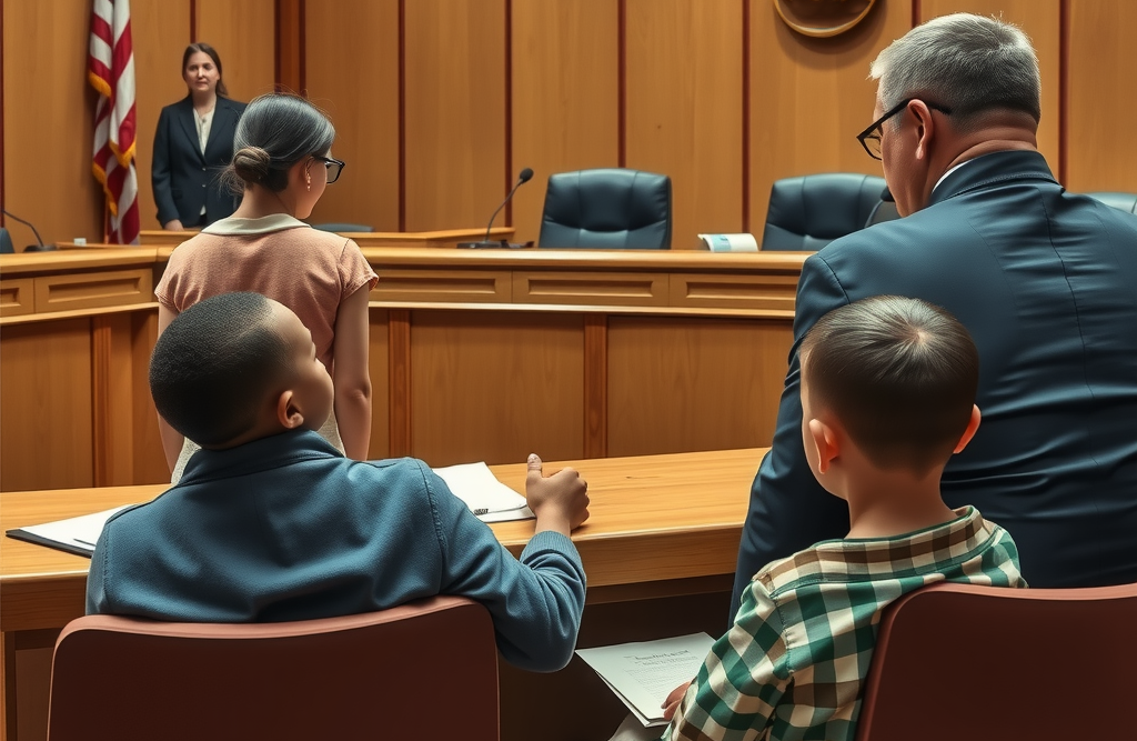 A courtroom scene in Utah, showing a concerned parent sitting across from a judge.