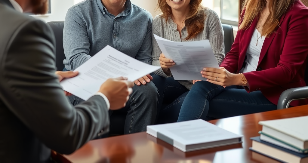 A smiling couple and a same-sex couple sitting with a professional lawyer in a well-lit office, reviewing legal documents.