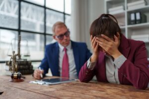 Woman feeling distressed and upset covering face with hands during legal consultation with her lawyer about a difficult case