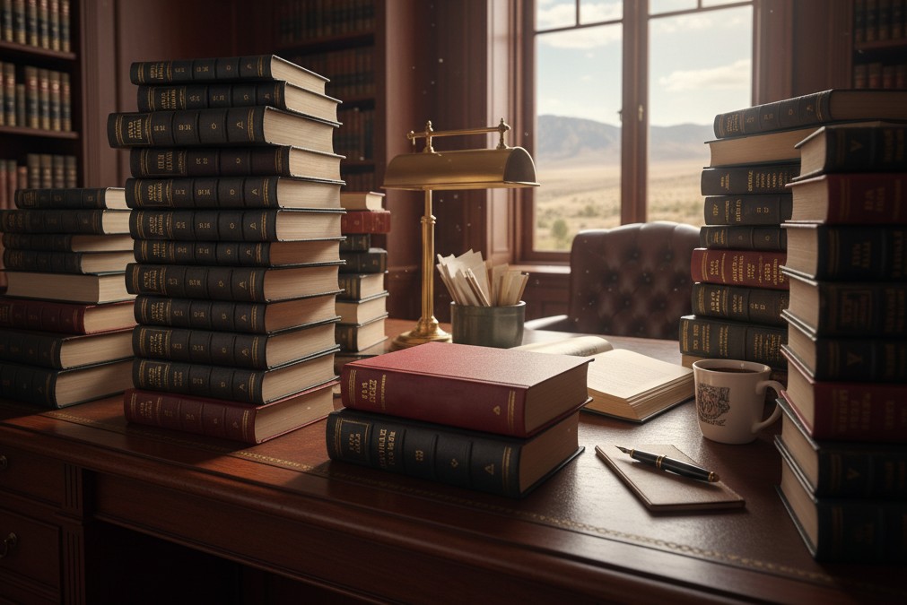 utah law A well-organized wooden desk in a law office is completely covered by a tall, dense stack of legal reference books, many of which appear to be official Utah law volumes, emphasizing expertise and a focus on state-specific legislation.
