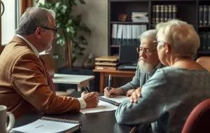 Elderly couple discussing retirement and divorce with an attorney.