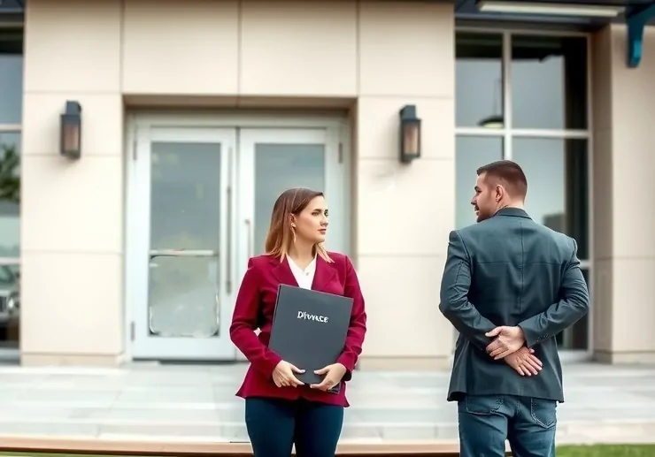 A couple sitting apart outside, both looking contemplative. One of them holds a folder labeled 'Divorce.'