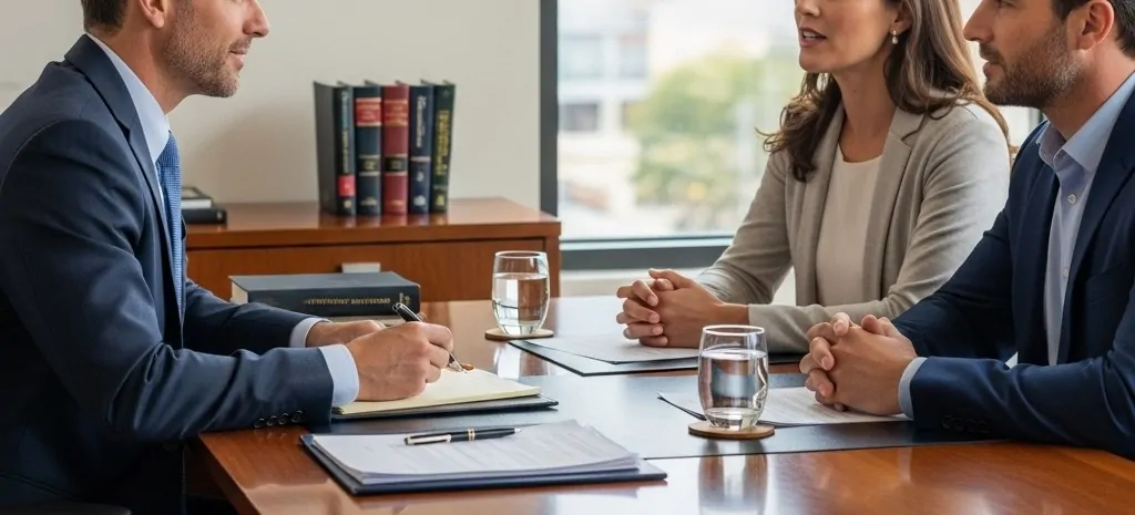 A family law attorney consulting with a couple in a modern office