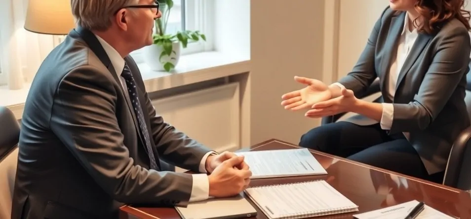 A professional, compassionate divorce lawyer offering legal advice in a calm, supportive setting
