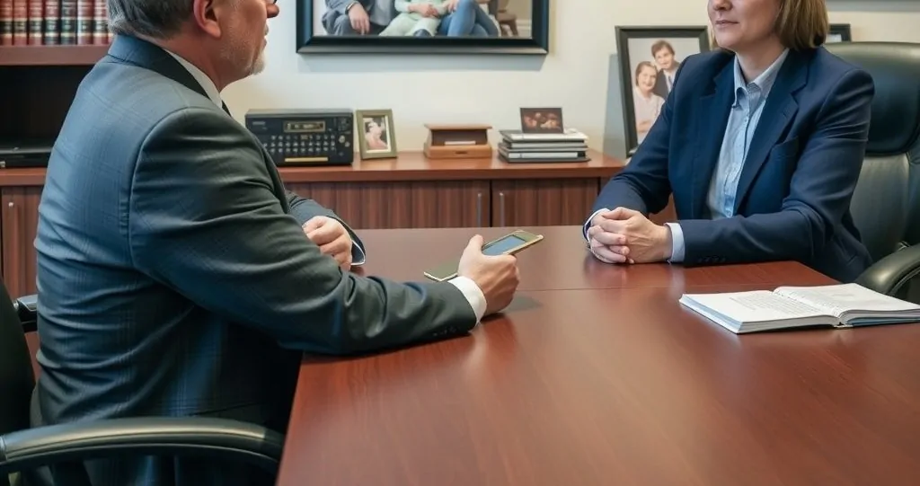 A compassionate attorney speaks with a concerned client across a desk in a calm, supportive setting.