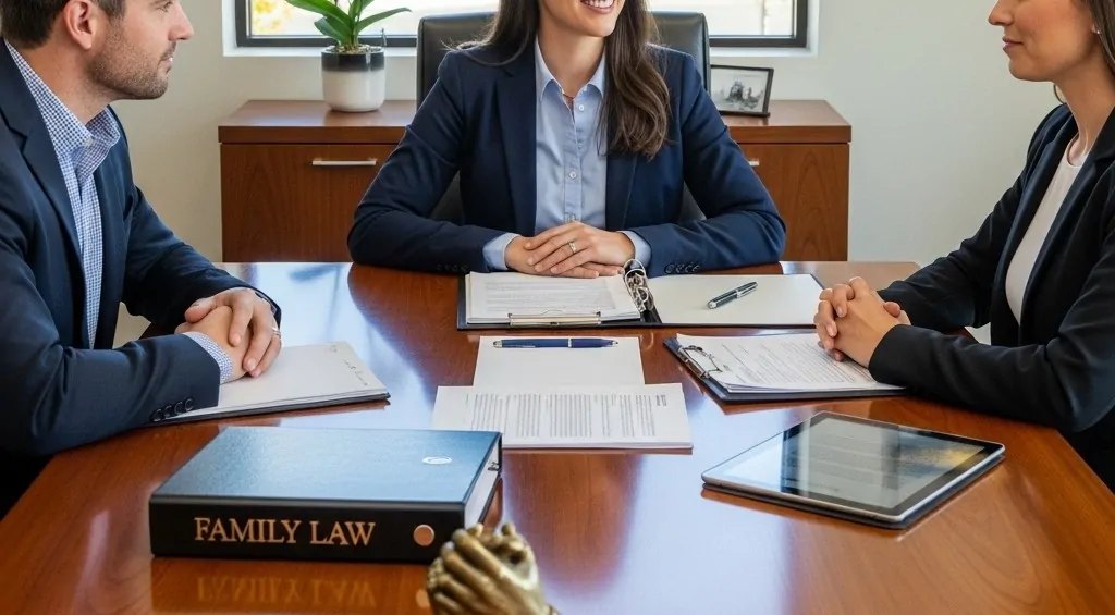A family law attorney meeting with a couple in a modern office. Legal documents on the table, symbolizing guidance, protection, and hope for families.