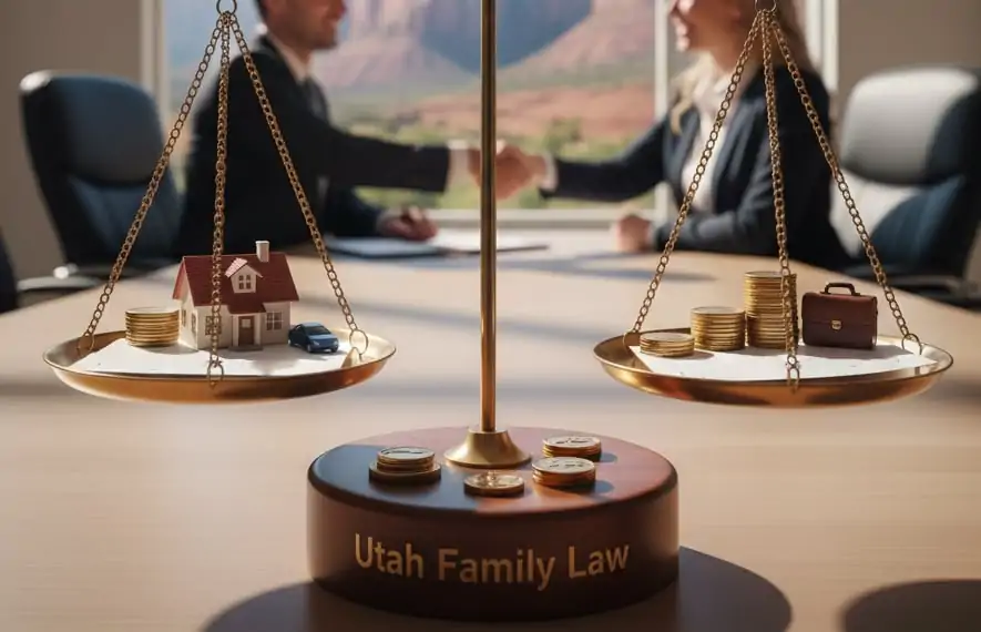 Symbolic image of balanced scales representing fair property division in a Utah divorce case.