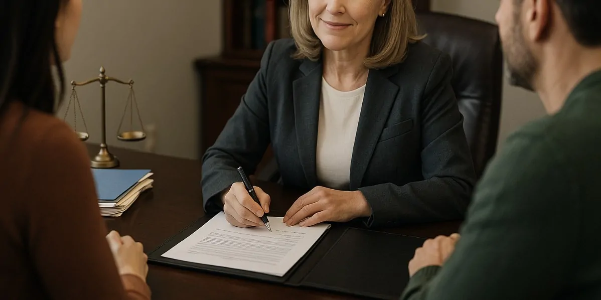 A family law attorney meeting with a couple in a modern office.