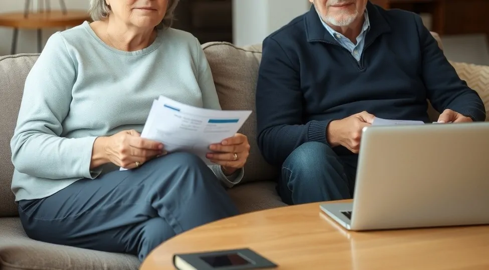 A mature couple, mid-50s to early 60s, sitting separately in a quiet, modern living room with neutral tones. Each person has financial documents or a laptop in front of them, suggesting retirement planning and legal consultation.