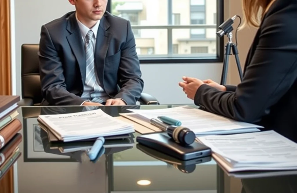 a 16-year-old teen sits across from a professional family lawyer in a modern Utah law office. Papers and legal forms are on the desk.