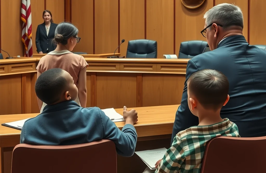 A courtroom scene in Utah, showing a concerned parent sitting across from a judge.