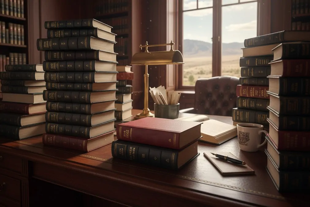 A well-organized wooden desk in a law office is completely covered by a tall, dense stack of legal reference books, many of which appear to be official Utah law volumes, emphasizing expertise and a focus on state-specific legislation.